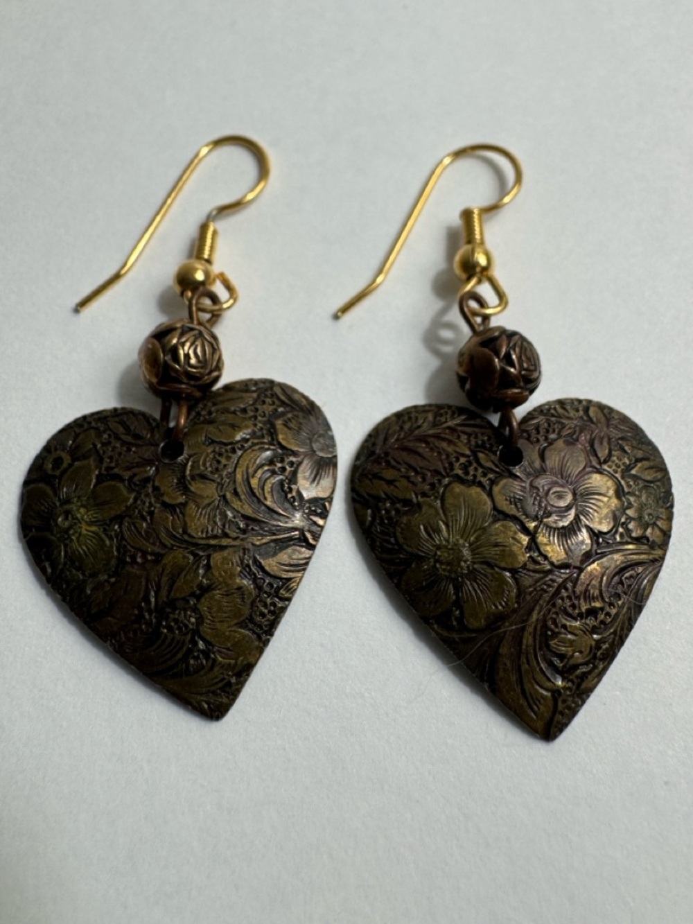 Vintage-style dangle earrings, flat heart shape, floral/acanthus leaf engravings